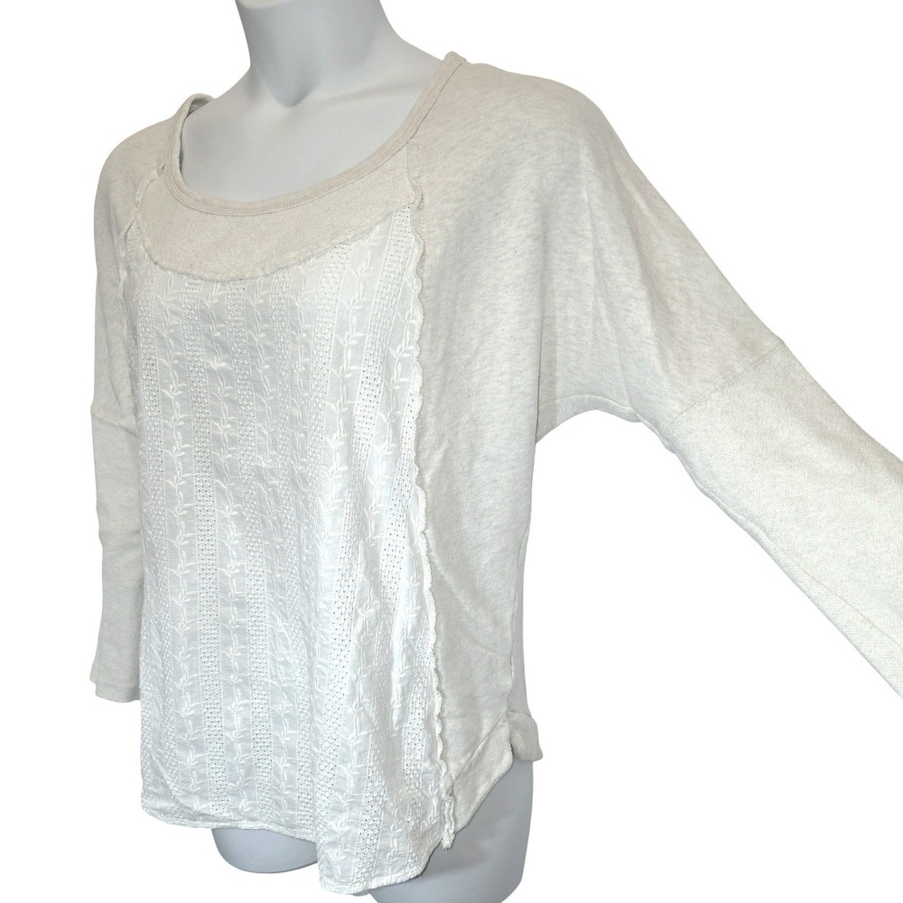 Free People Mix Media Tunic Pullover Sweatshirt Top Sz Medium Cream Oversized - Picture 3 of 15